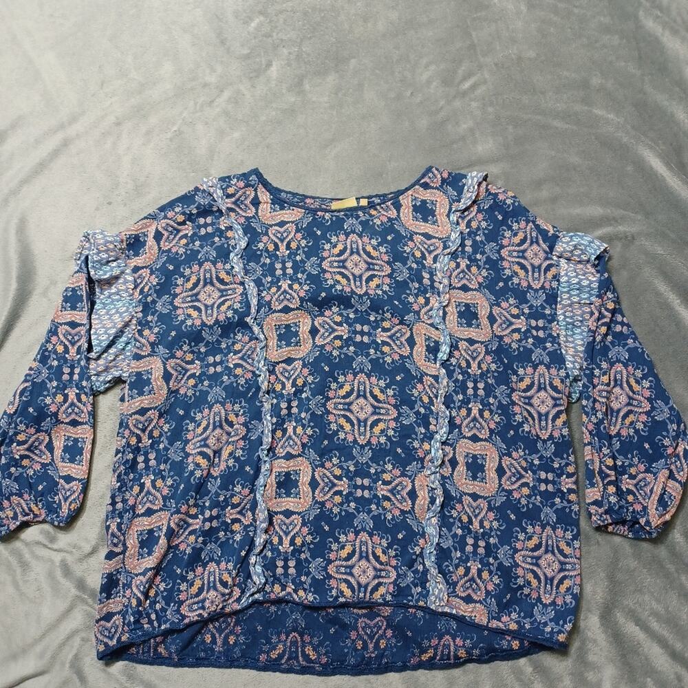 True Craft Shirt Women Large Blue Floral Boho Long Sleeve Ruffle High Low Blouse